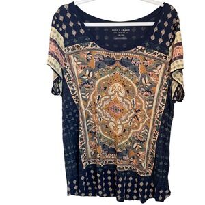 Lucky Brand NWOT Size 1X Boho Mandala Medallion Print Viscose Scoop Neck Tee‎